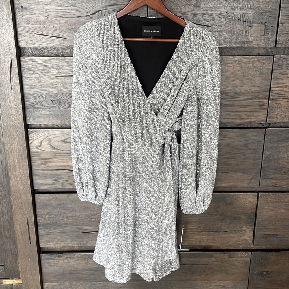 Donna Morgan Sequin Wrap Dress